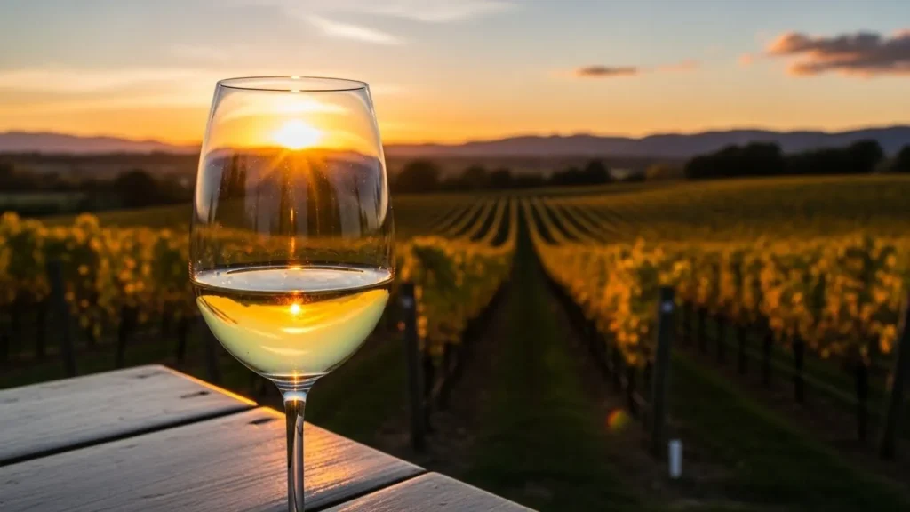 Fresh glass of Viognier wine with vineyard view